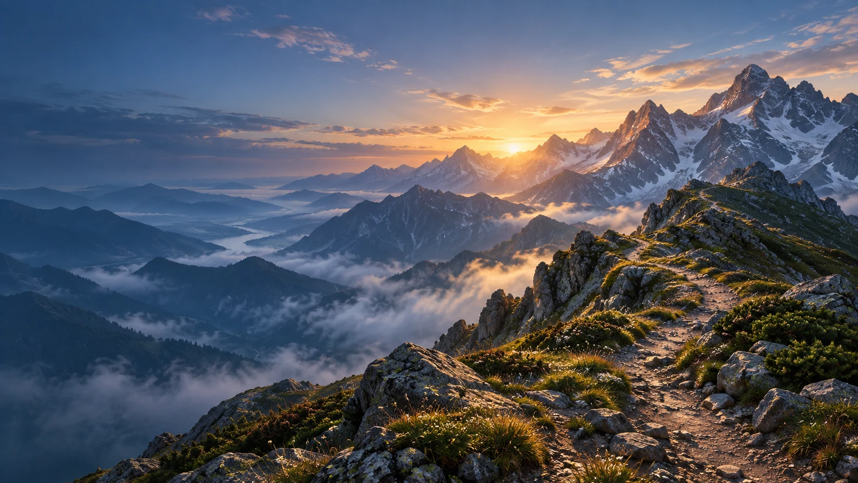 A winding mountain trail climbs toward sunlit peaks above layers of mist.